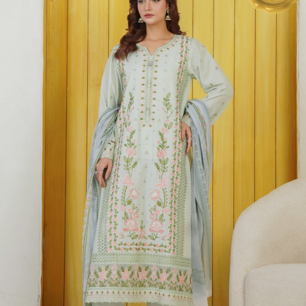 Pista Green Elegance – Embroidered Lawn 3PC with Chiffon Dupatta