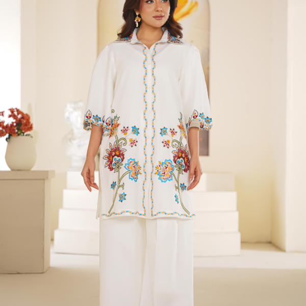 Eid al-Fitr Collection – Stitched 2 Piece Lawn (White with Multicolor Floral Embroidery)