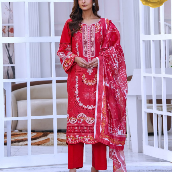 Radiant Red Eid Ensemble – Lawn Embroidered 3PC