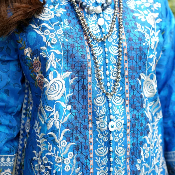 Stitched Cobalt Blue Embroidered Winter Corduroy 3-Piece Suit