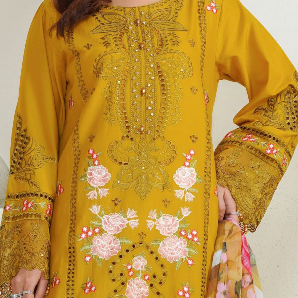 Eid al-Fitr Collection – Stitched Mustard Embroidered Lawn 3 Piece