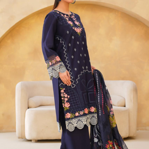 Eid al-Fitr Collection – Stitched 3 Piece Lawn (Navy Blue with Floral & Geometric Embroidery)