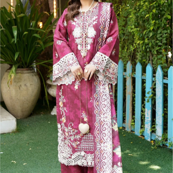 Stitched Magenta Embroidered Winter Corduroy 3-Piece Suit