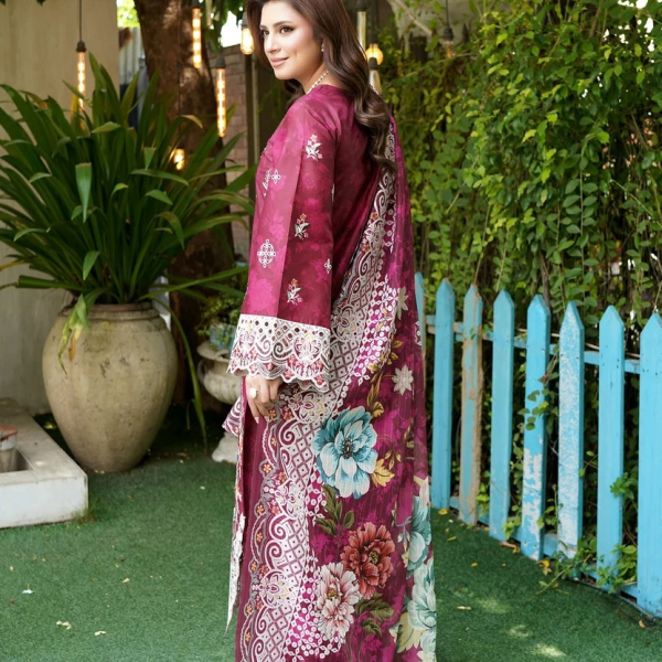 Stitched Magenta Embroidered Winter Corduroy 3-Piece Suit