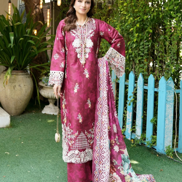 Stitched Magenta Embroidered Winter Corduroy 3-Piece Suit
