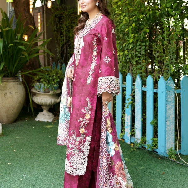 Stitched Magenta Embroidered Winter Corduroy 3-Piece Suit