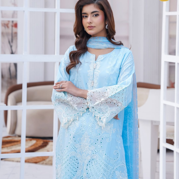 Aqua Blue Lace-Trimmed Embroidered Lawn – Eid al-Fitr Edition