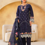 Eid al-Fitr Collection – Stitched 3 Piece Lawn (Navy Blue with Floral & Geometric Embroidery)
