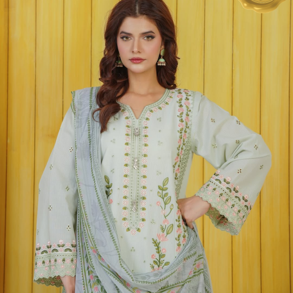 Pista Green Elegance – Embroidered Lawn 3PC with Chiffon Dupatta