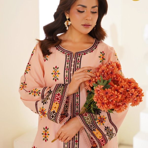 Eid al-Fitr Collection – Stitched 2 Piece Lawn Embroidered Dress in Soft Pink