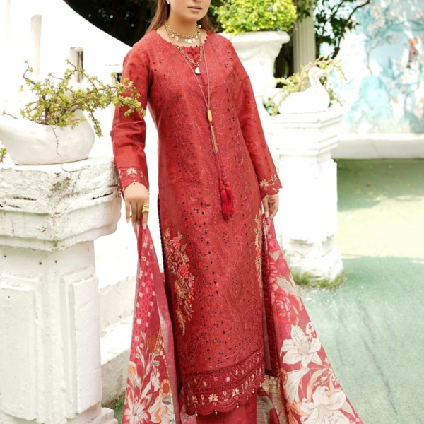 Stitched Royal Maroon Embroidered Winter Corduroy 3-Piece Suit