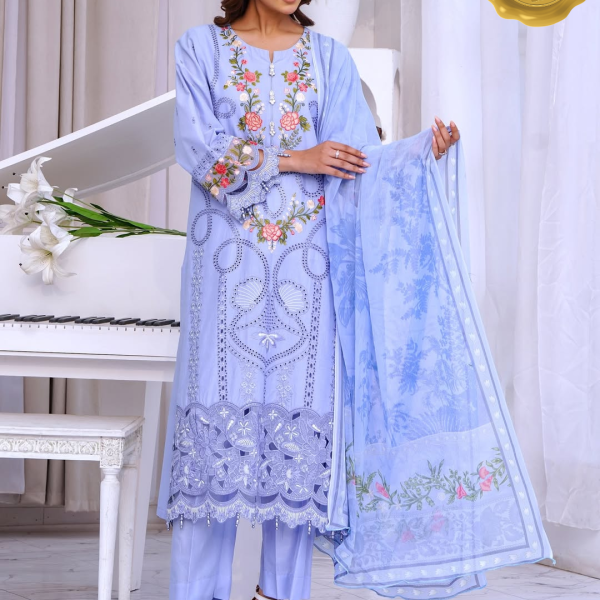 Lavender Blue Grace – Embroidered Lawn 3PC with Chiffon Dupatta