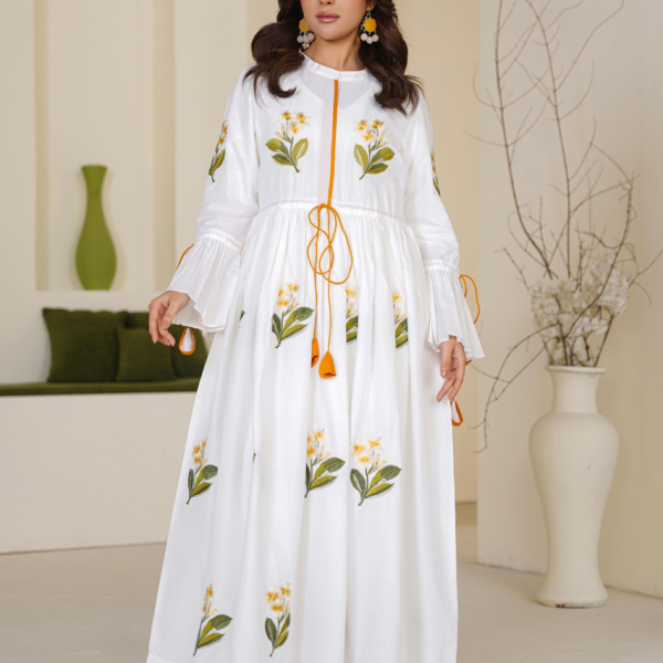 Eid al-Fitr Collection – Stitched 2 Piece Cotton (White with Yellow Floral Embroidery)