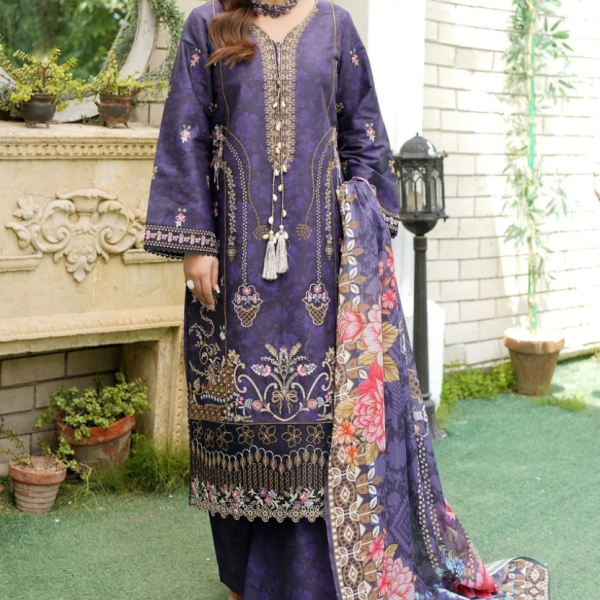 Stitched Elegant Purple Embroidered Winter Corduroy 3-Piece Suit